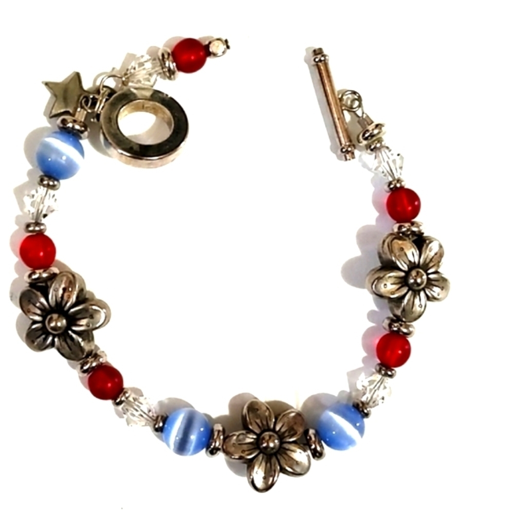 VINTAGE SILVER-TONE FLOWER BEADED DANGLING TOGGLE CLASP 6.5" BRACELET - Picture 8 of 9